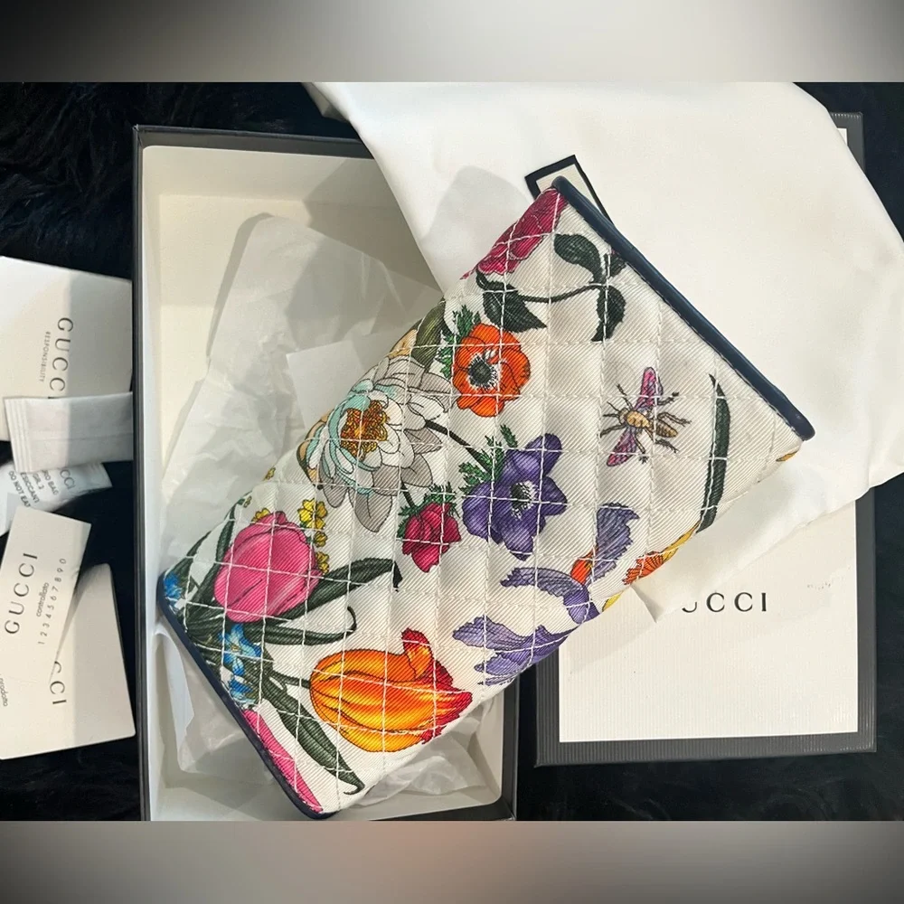 NEW AUTHENTIC GUCCI FLORA FLORAL FLOWER GG LONG WALLET